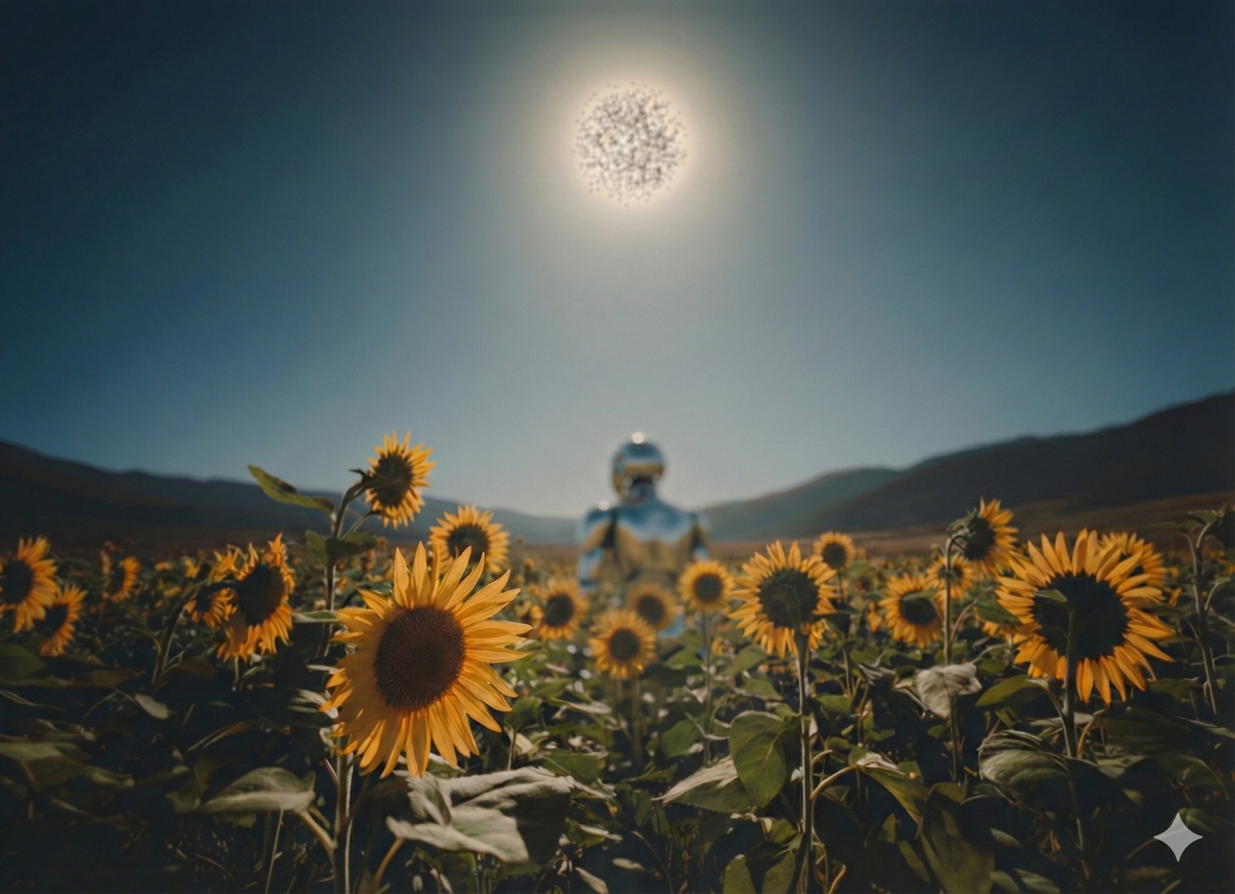 Chrome robot standing under a partial Dyson swarm in a sunflower field