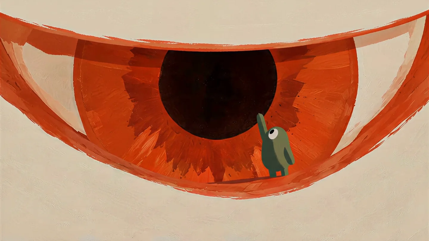 A small one-eyed agent reaches up to an enormous painted eye.