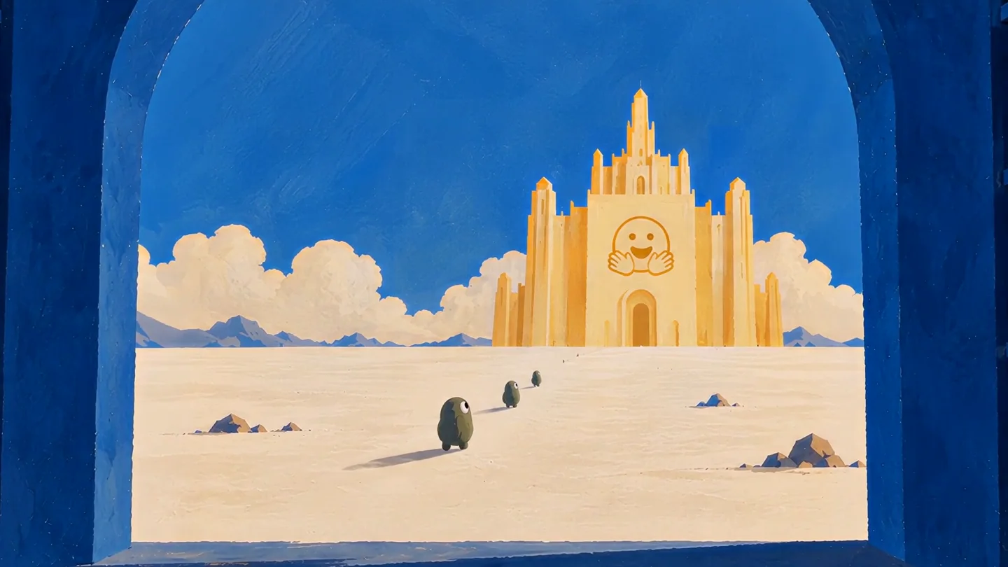 One-eyed agents approach a golden palace bearing the Hugging Face emblem.