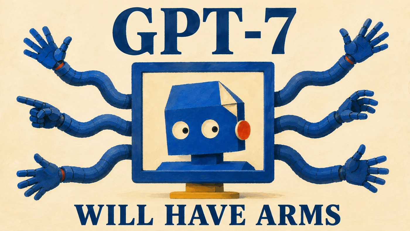 A blue robot in a screen reaches into the world with many arms.
