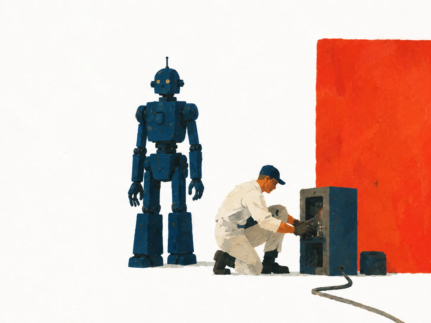 The Paper Robots character at work in an illustrated workshop.